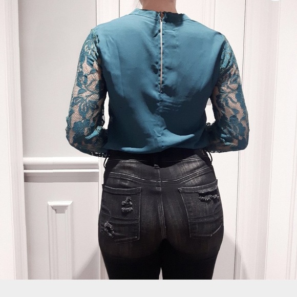 Teal Deep V Lace Bell Sleeved Lulumari Bodysuit - Picture 3 of 7